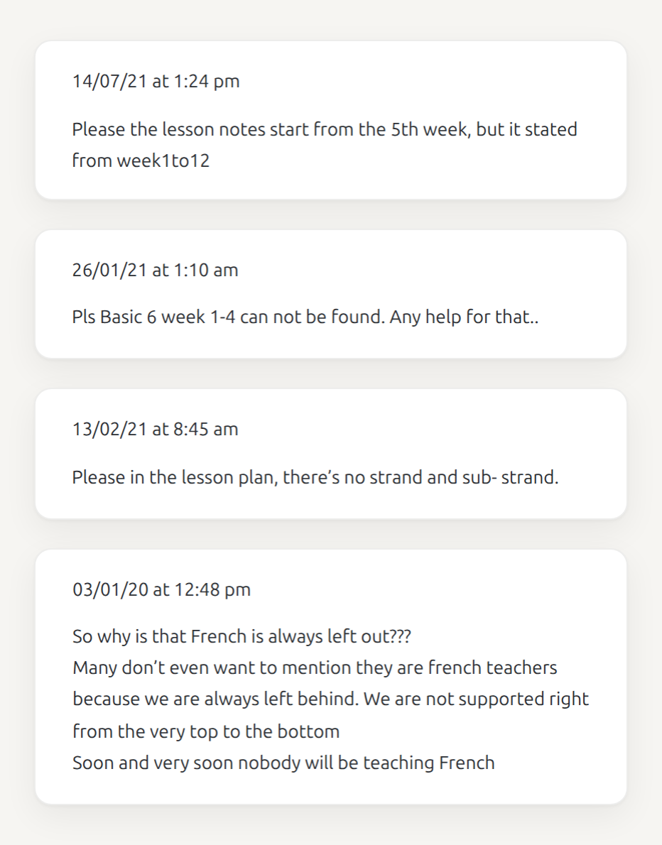 Four teacher comments on a lesson plan download page: the notes start from the 5th week but it stated week 1 to 12; Basic 6 week 1 to 4 can not be found; there is no strand and sub-strand in the lesson plan; why is French always left out