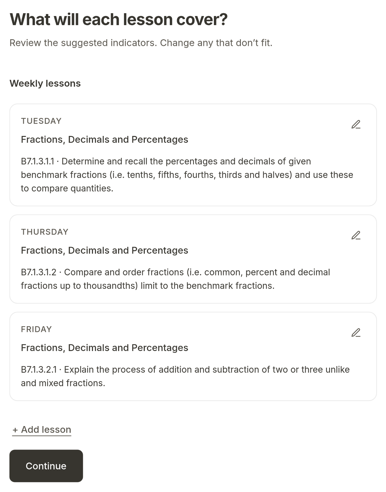 teache asking what each lesson will cover: Tuesday, Thursday and Friday, each with a Basic 7 Mathematics indicator from Fractions, Decimals and Percentages