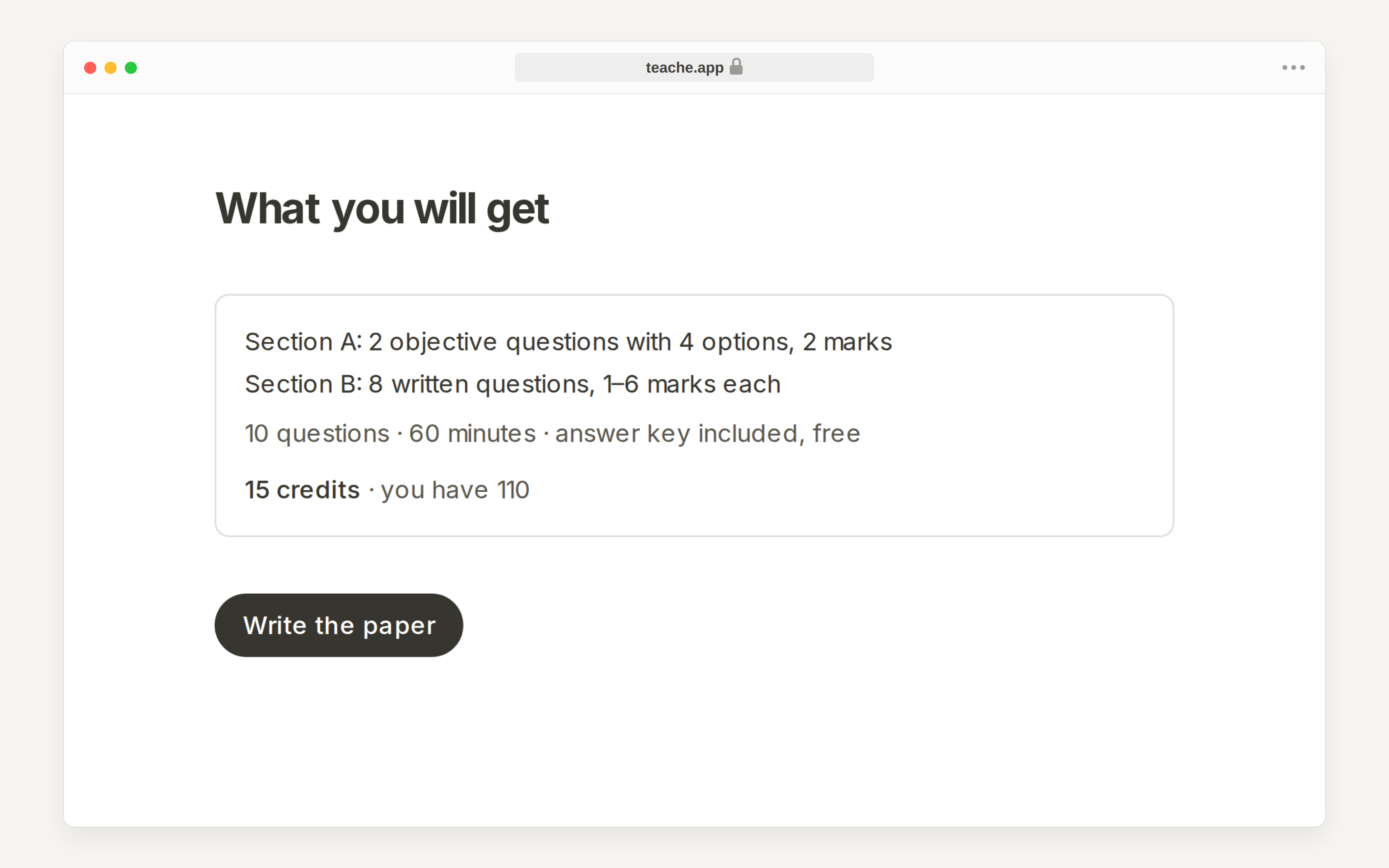 The What you will get summary showing sections, marks, time and the price in credits, with the Write the paper button