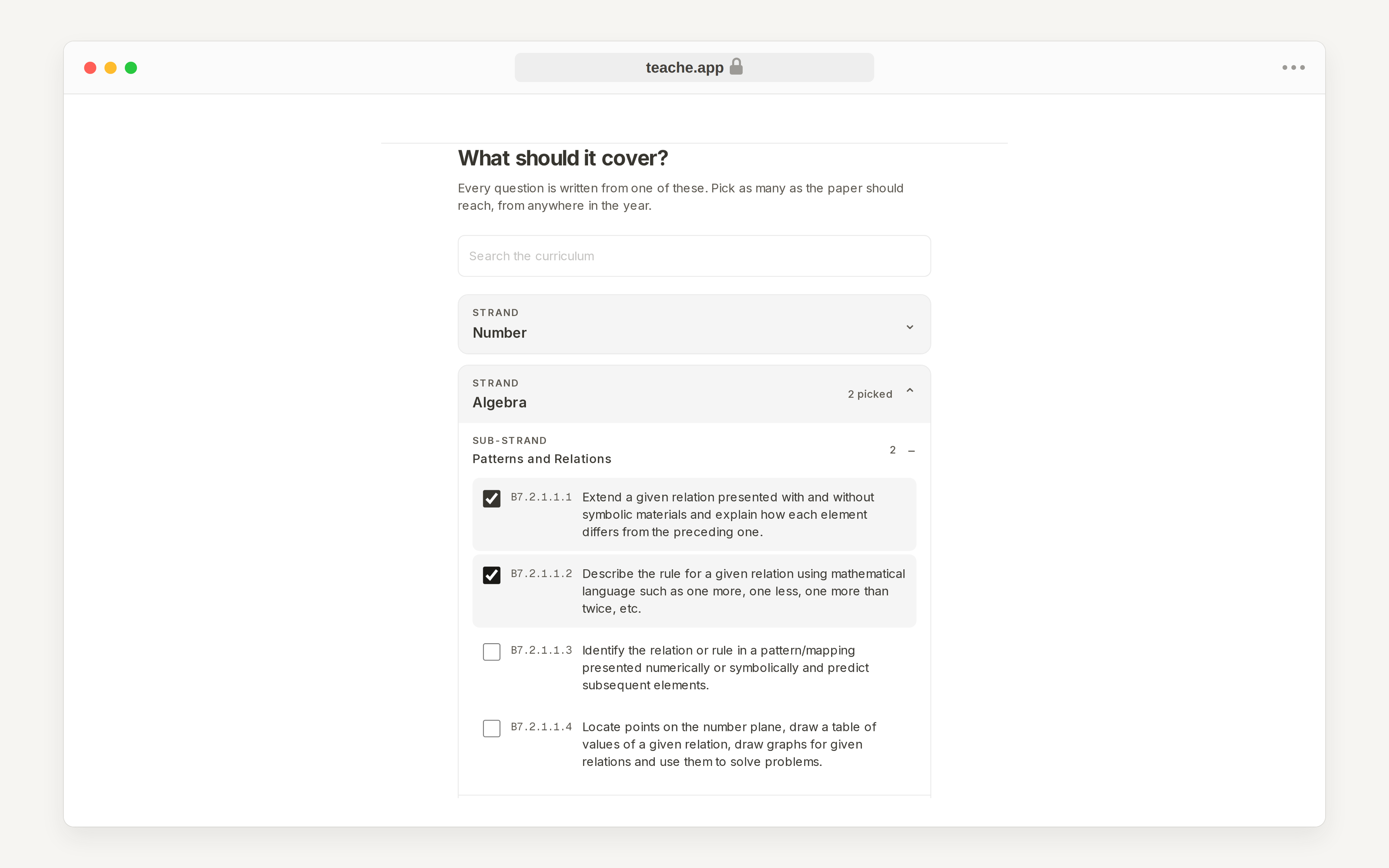 The What should it cover question with two indicators ticked under a sub-strand