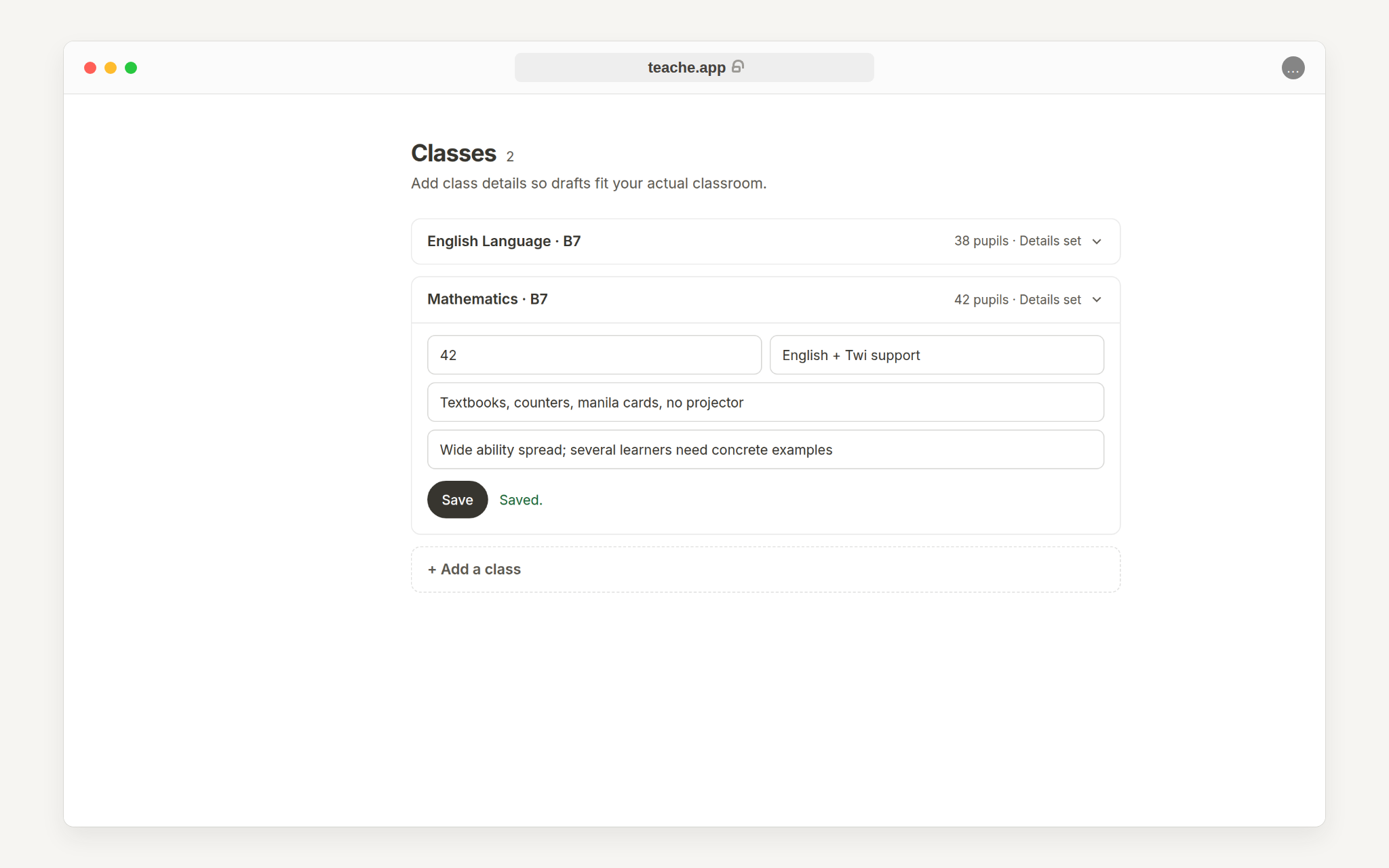 An expanded class row showing class size, language, resources and ability notes