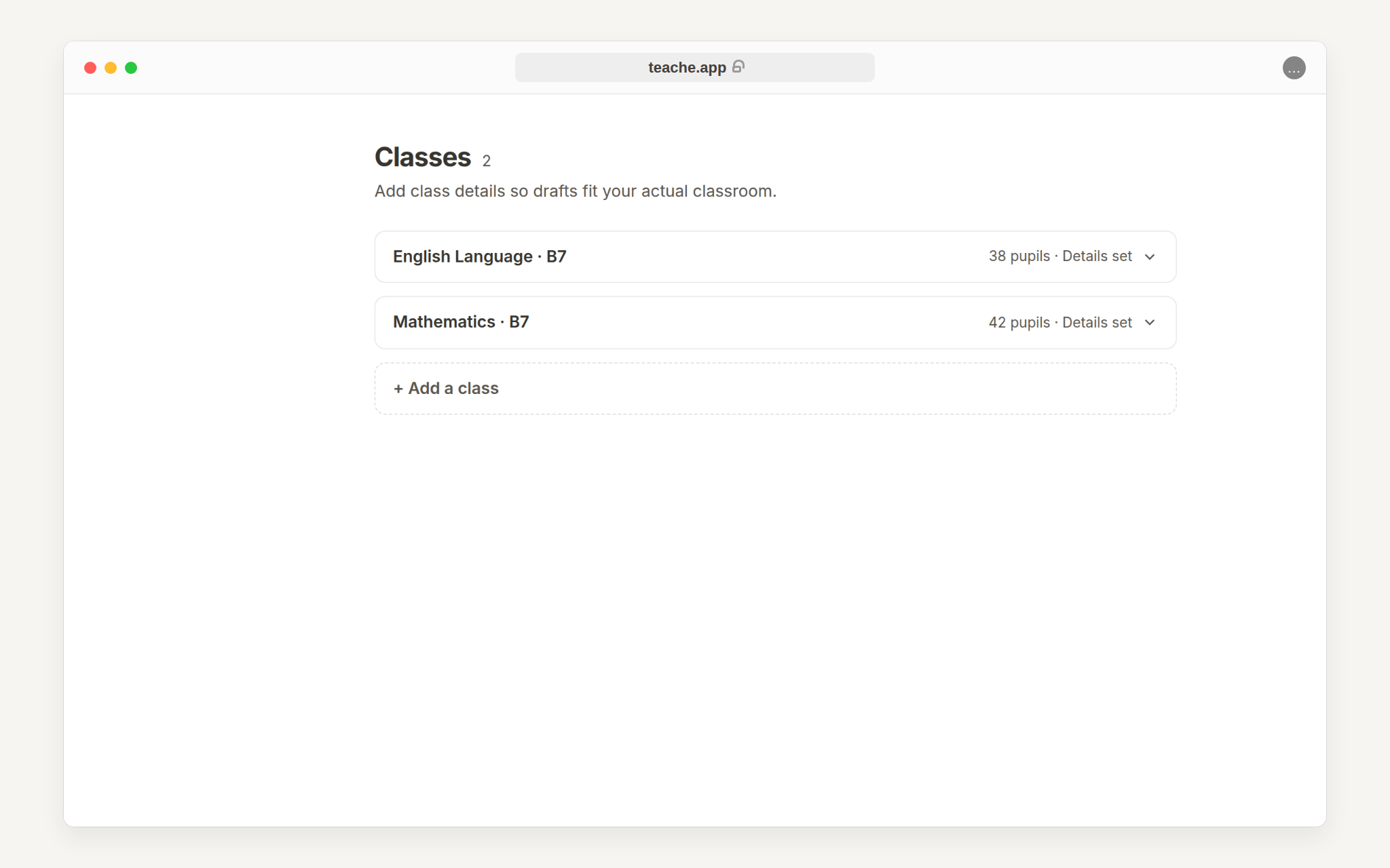 The Classes page showing Mathematics B7 and English Language B7 class rows