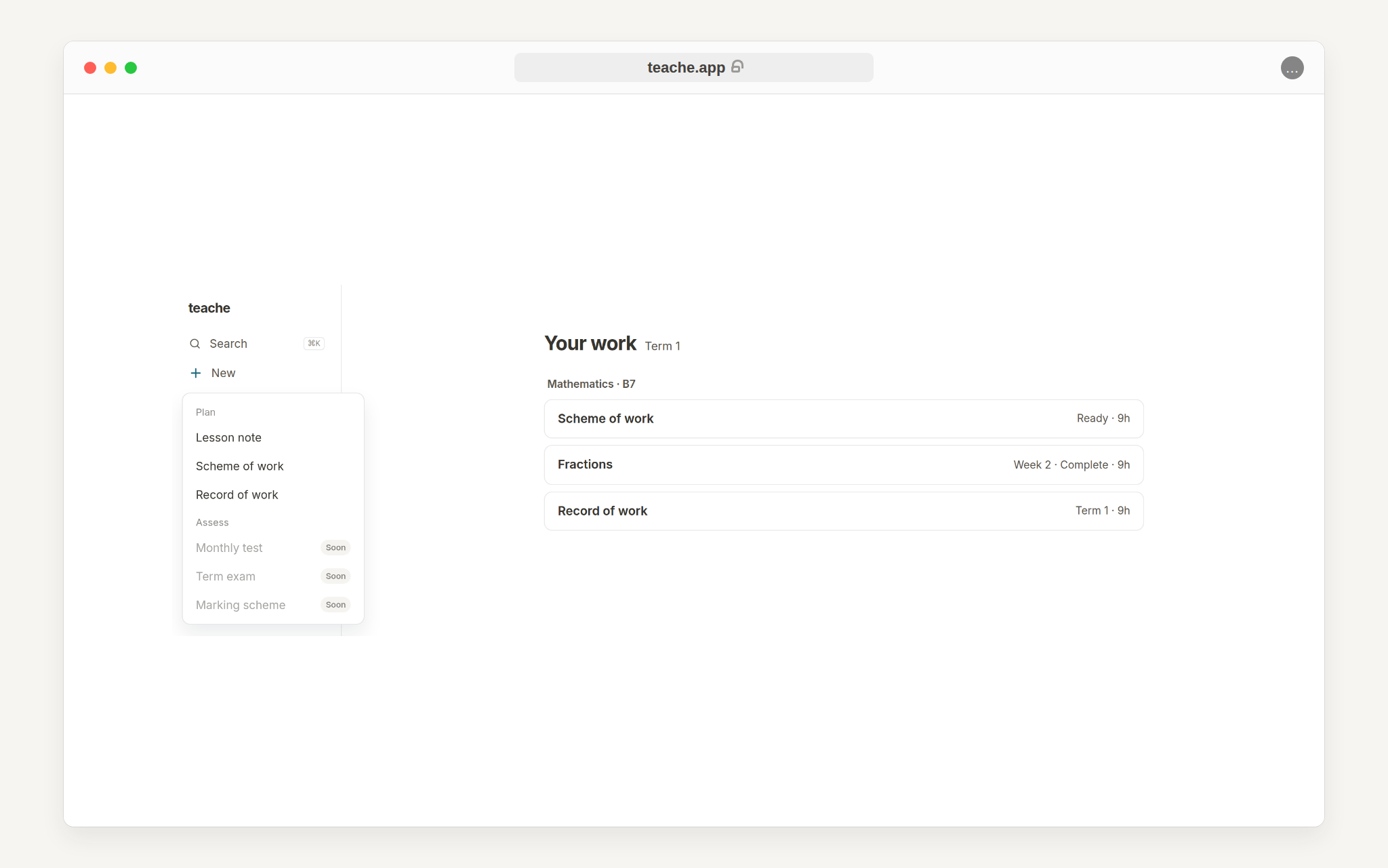 The teache New menu showing Lesson note, Scheme of work and Record of work