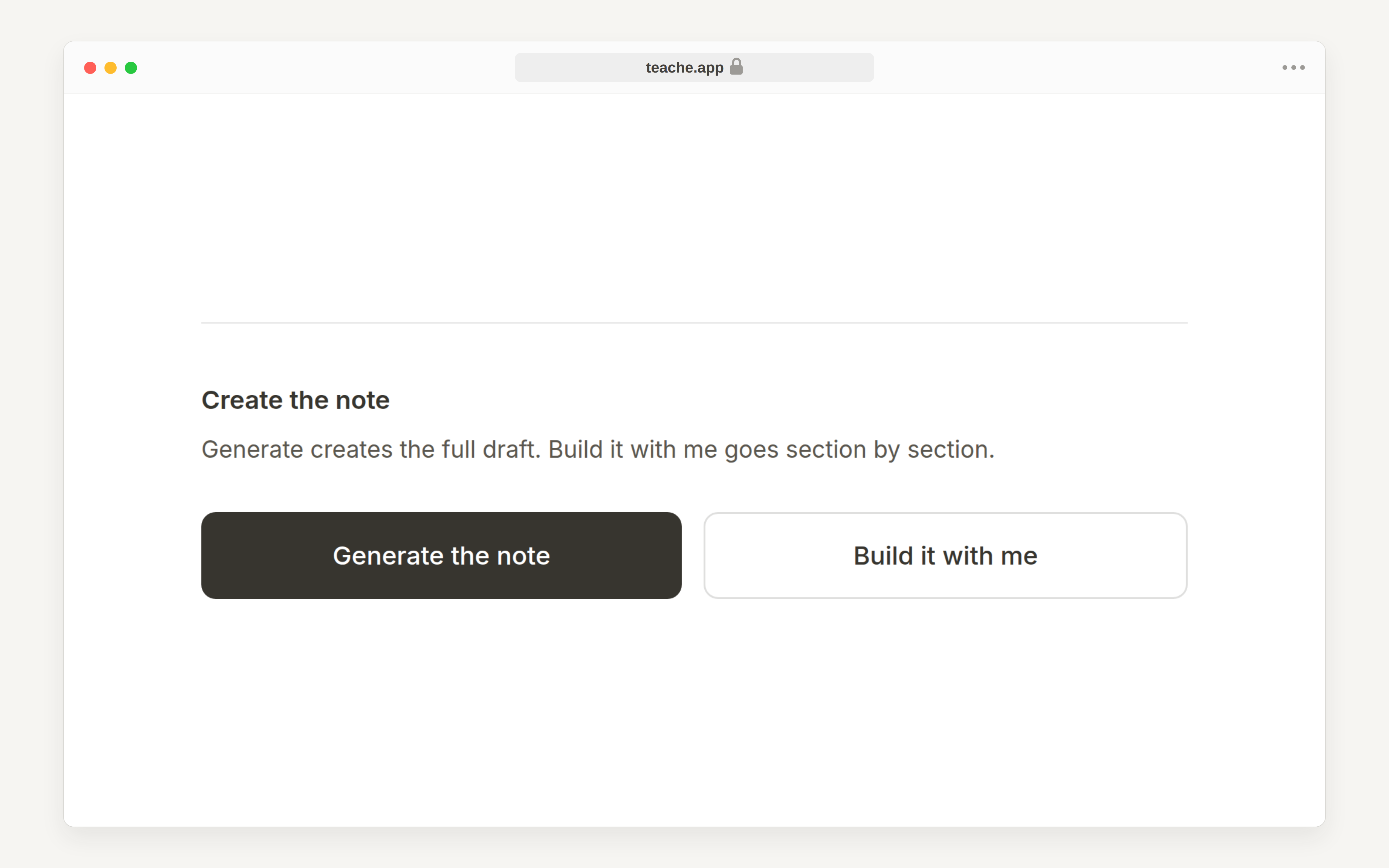 The Create the note step, offering Generate the note and Build it with me