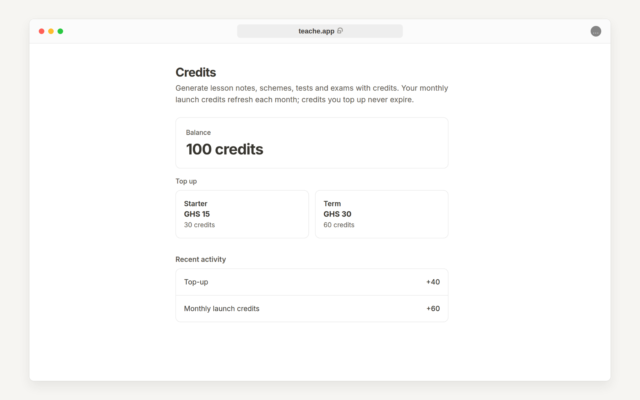The Credits page showing the current balance, top-up packs and recent activity