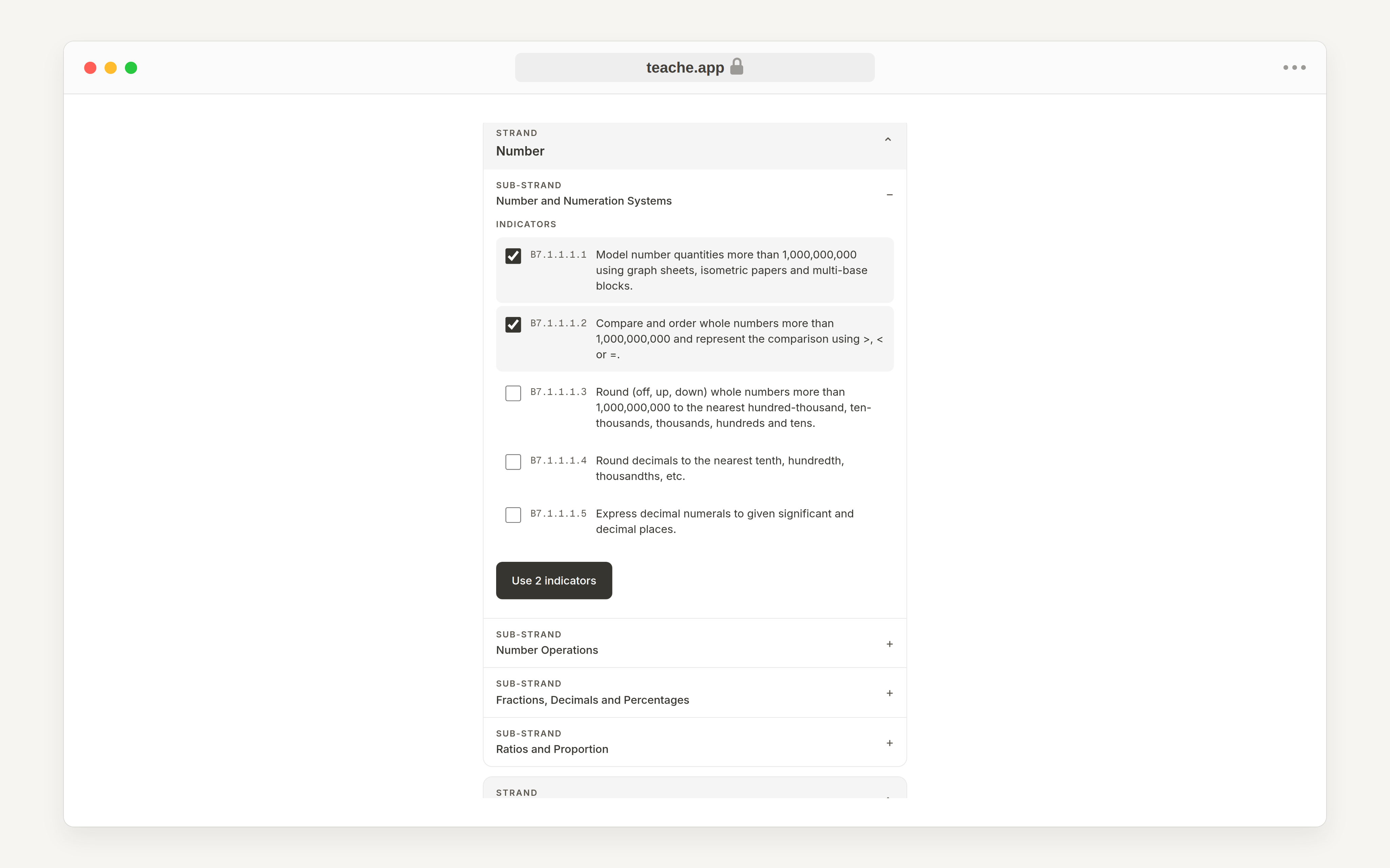 The curriculum picker: a strand open on a sub-strand, its indicators listed with their codes, two ticked