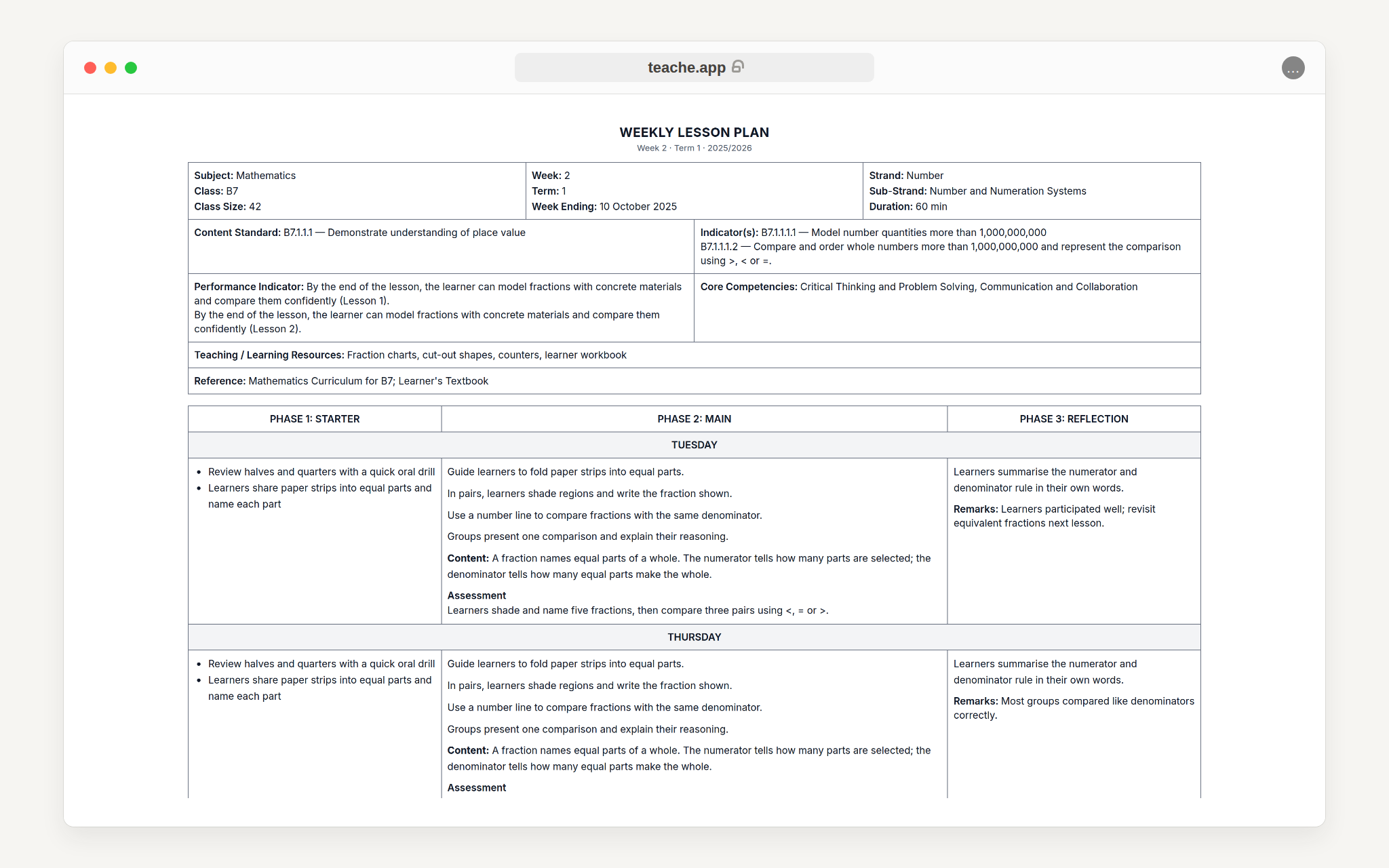 A weekly lesson note preview with the GES-style table, lesson rows and Export button