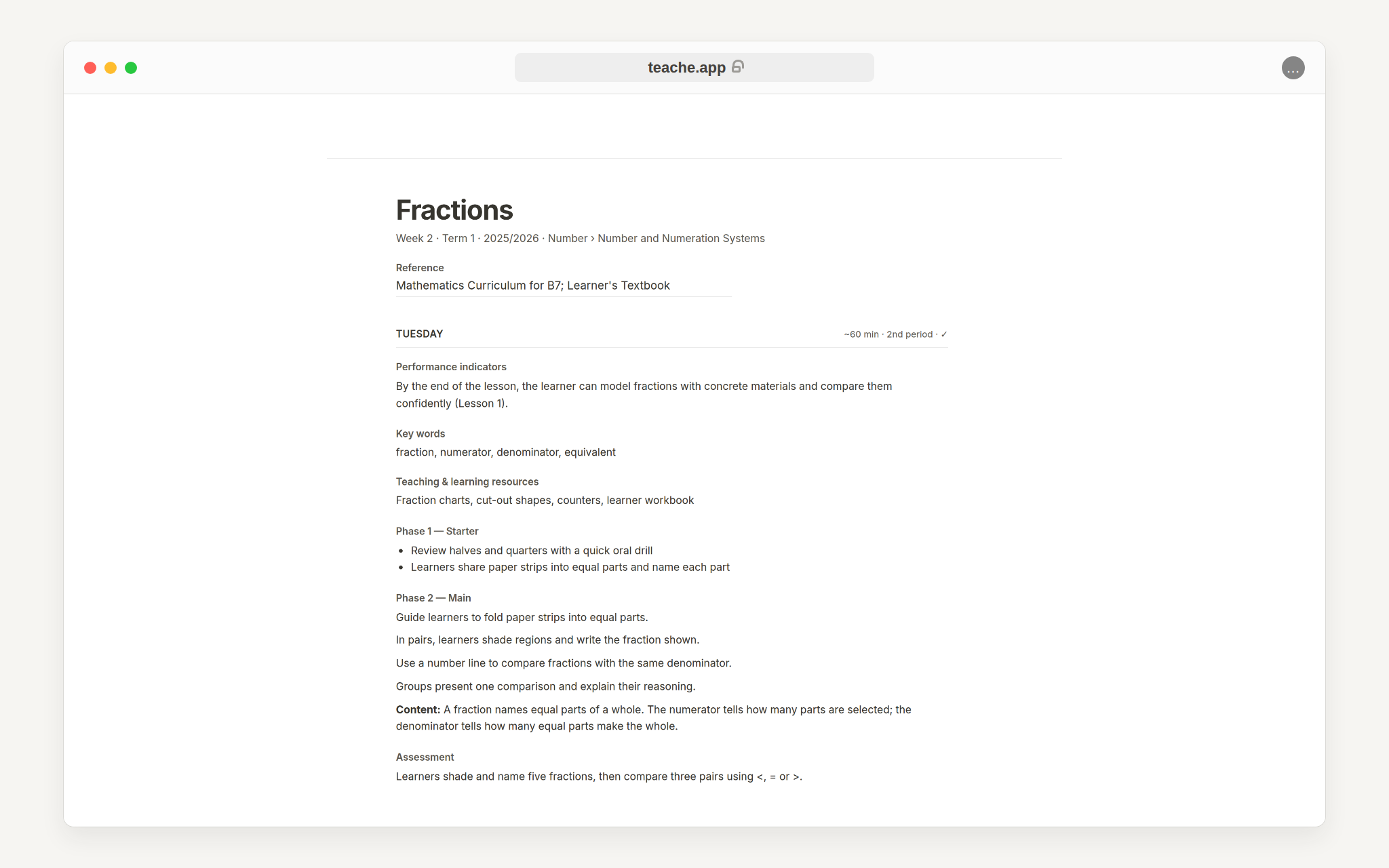 A lesson note workspace showing accepted lesson blocks and the Preview and Export buttons