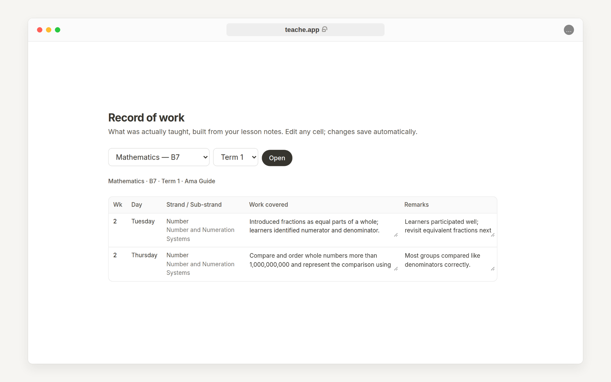 The record of work page with class and term controls plus editable work covered and remarks columns