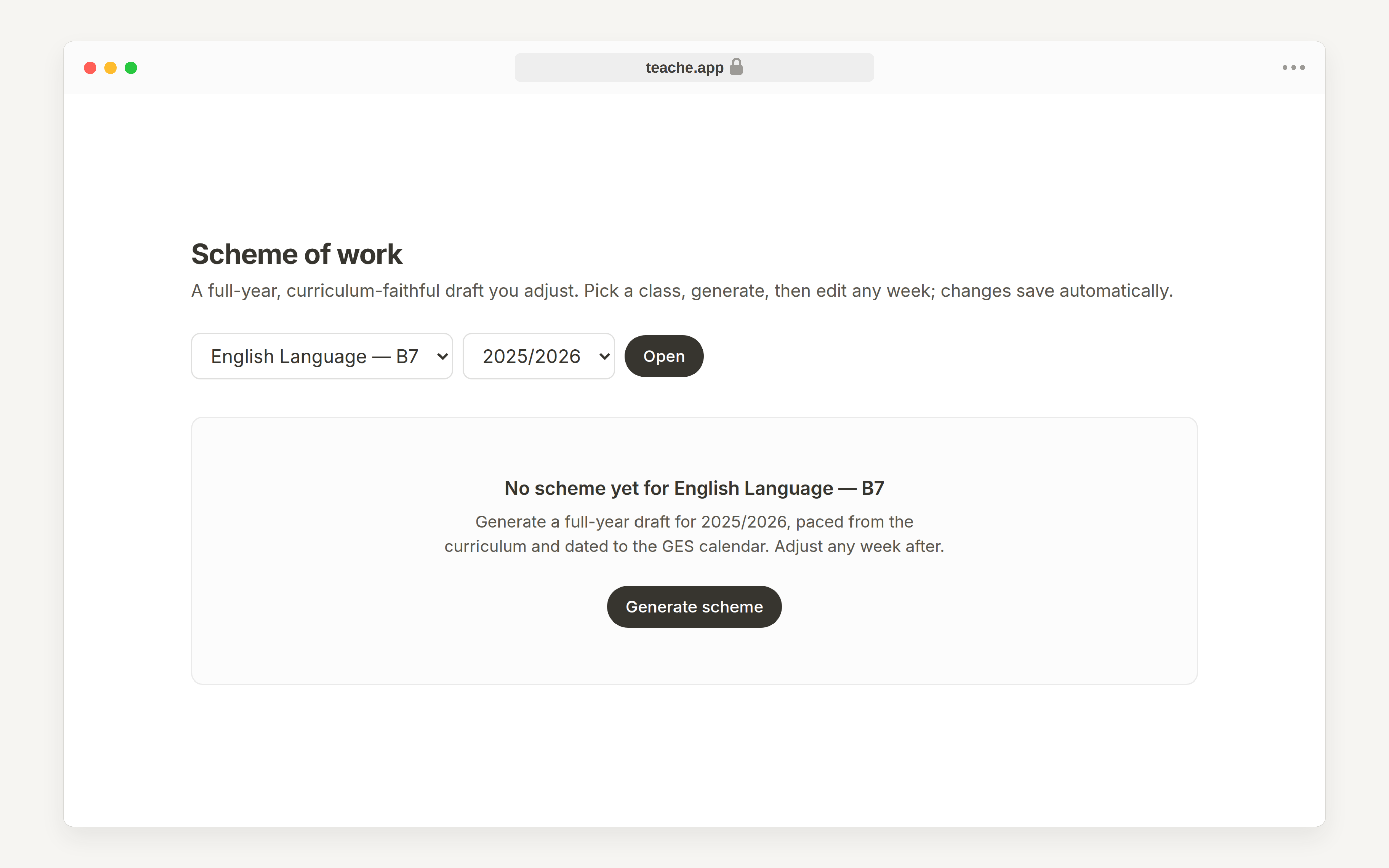 The No scheme yet state for a class, with the Generate scheme button