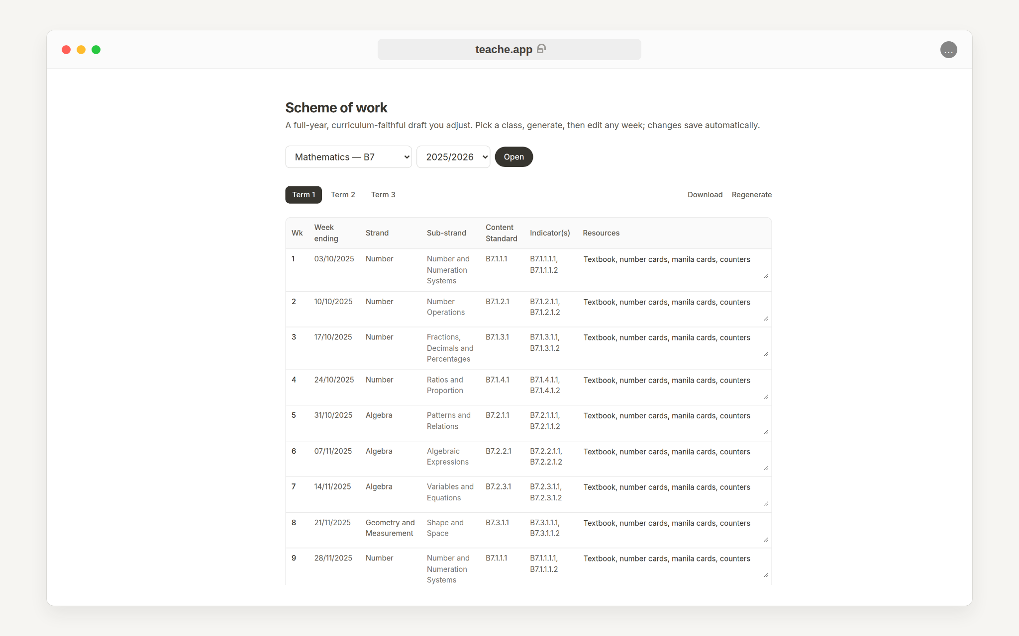 A generated scheme of work with class and academic year controls plus term tabs