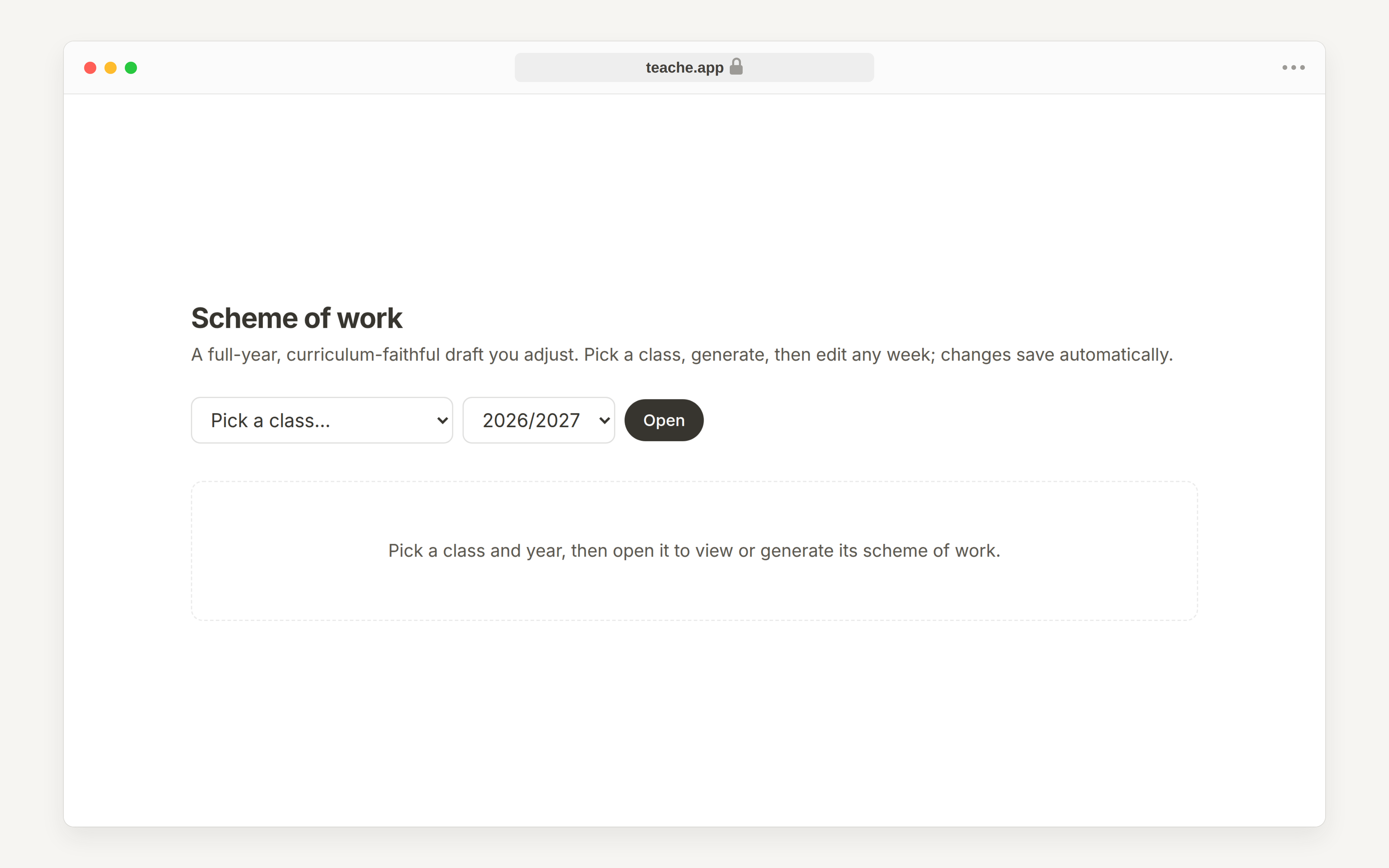 The Scheme of work page with the class and academic year selects and the Open button