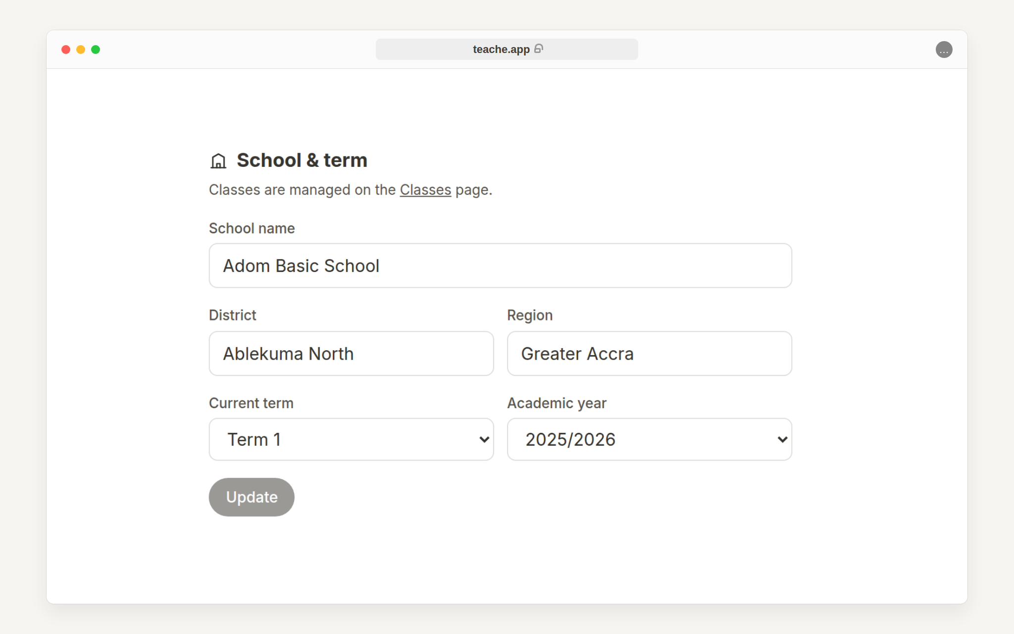 The Settings page focused on School and term fields