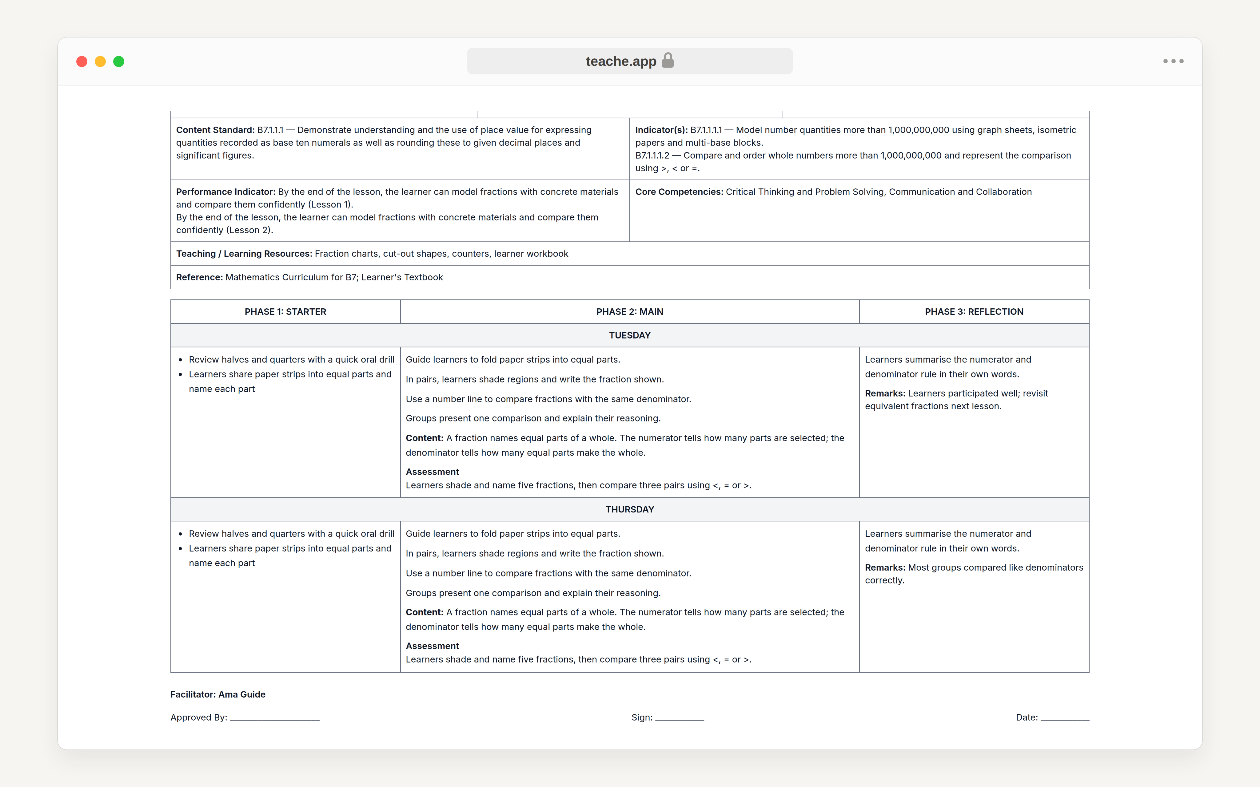 The foot of a printed lesson note: the last lesson rows, then Facilitator, Approved By, Sign and Date