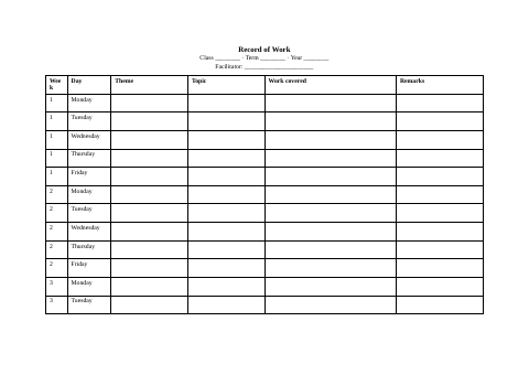 First page of KG Record of Work Template