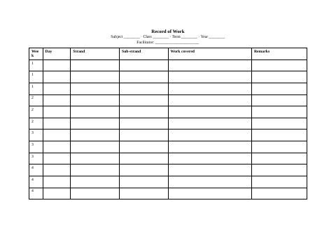 First page of Record of Work Template