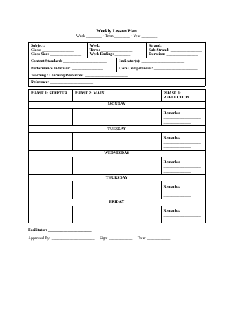 First page of Weekly Lesson Notes Template